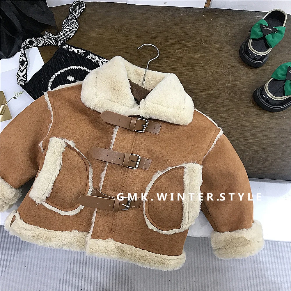 Boys Girls Korean Style Fleece Lined Fur Coat Leather Buckle Suede Jacket Thick Warm Outerwear for Autumn & Winter