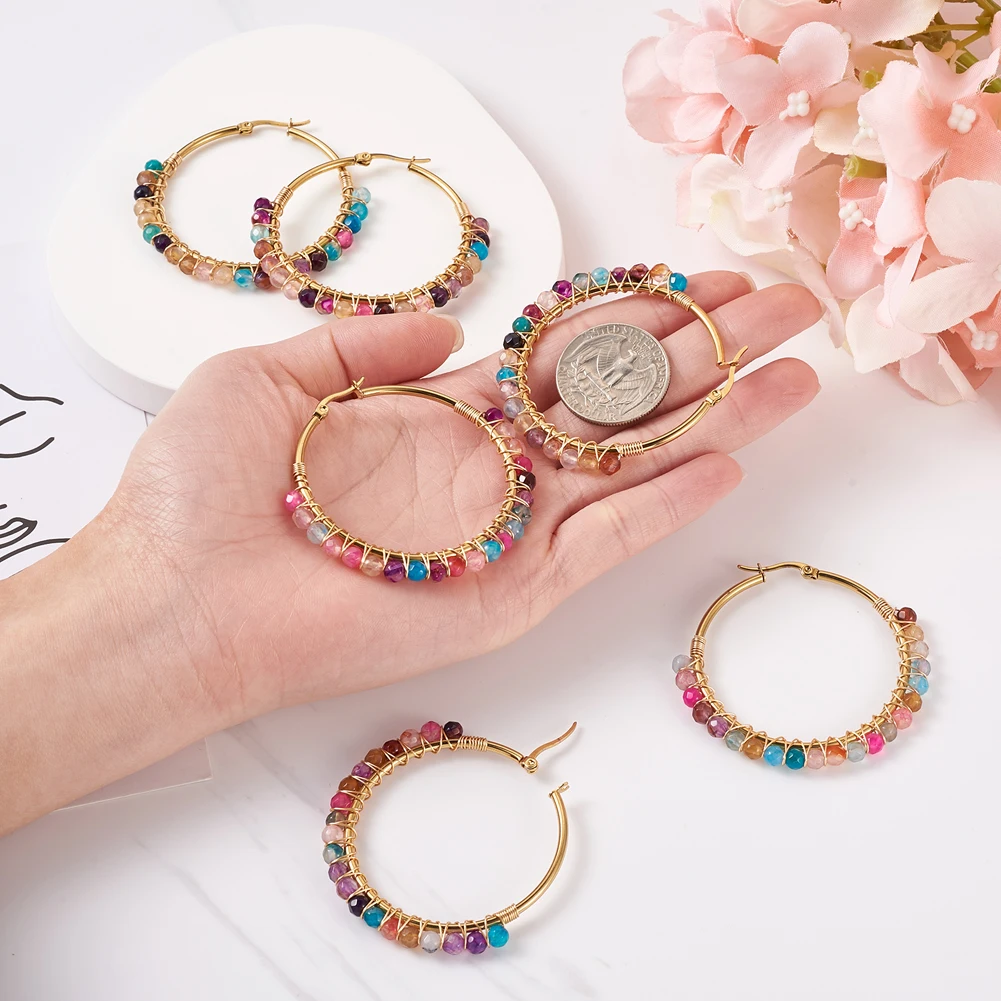 4 Pairs 50mm Hoop Earrings Stainless Steel Earrings Natural Agates Beads Round Circle Ear Ring Women Fashion Jewelry Gift