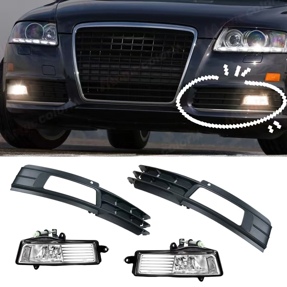 Car Fog Lights Cover For Audi A6L A6 C6 Sedan Avant 2008 2009 2010 2011 FogLight Front Bumper Grill Lamp with Frame Accessories