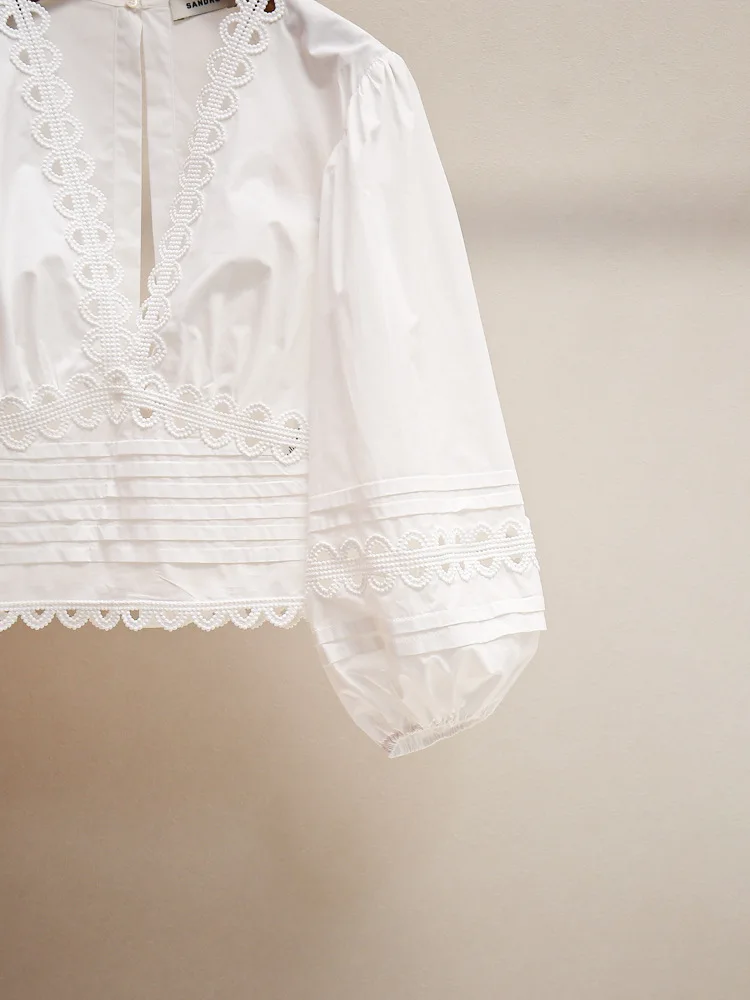 

Spring/Summer Women Hollow Lace Trim V-Neck Bow Puff Long Sleeve Shirt Loose Fashion Blouse