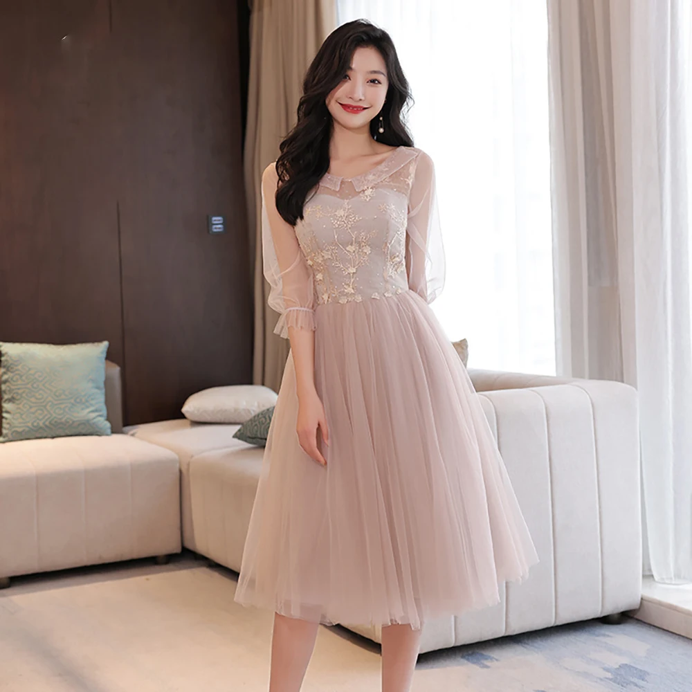 Pink Bridesmaid Dress Women Fairy Tulle Temperament Long Slim Dresses Wedding Banquet Sisters Group Half Sleeve Dress Party Wear