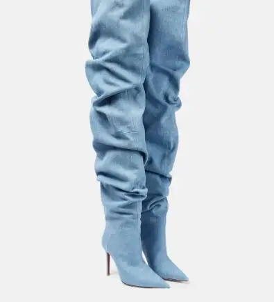Sexy Blue Denim Pointed Toe Pleated Loose Over The Knee Boots Women Tube Slip On Thin Heels Thigh Long Botas Shoes Drop Shipping