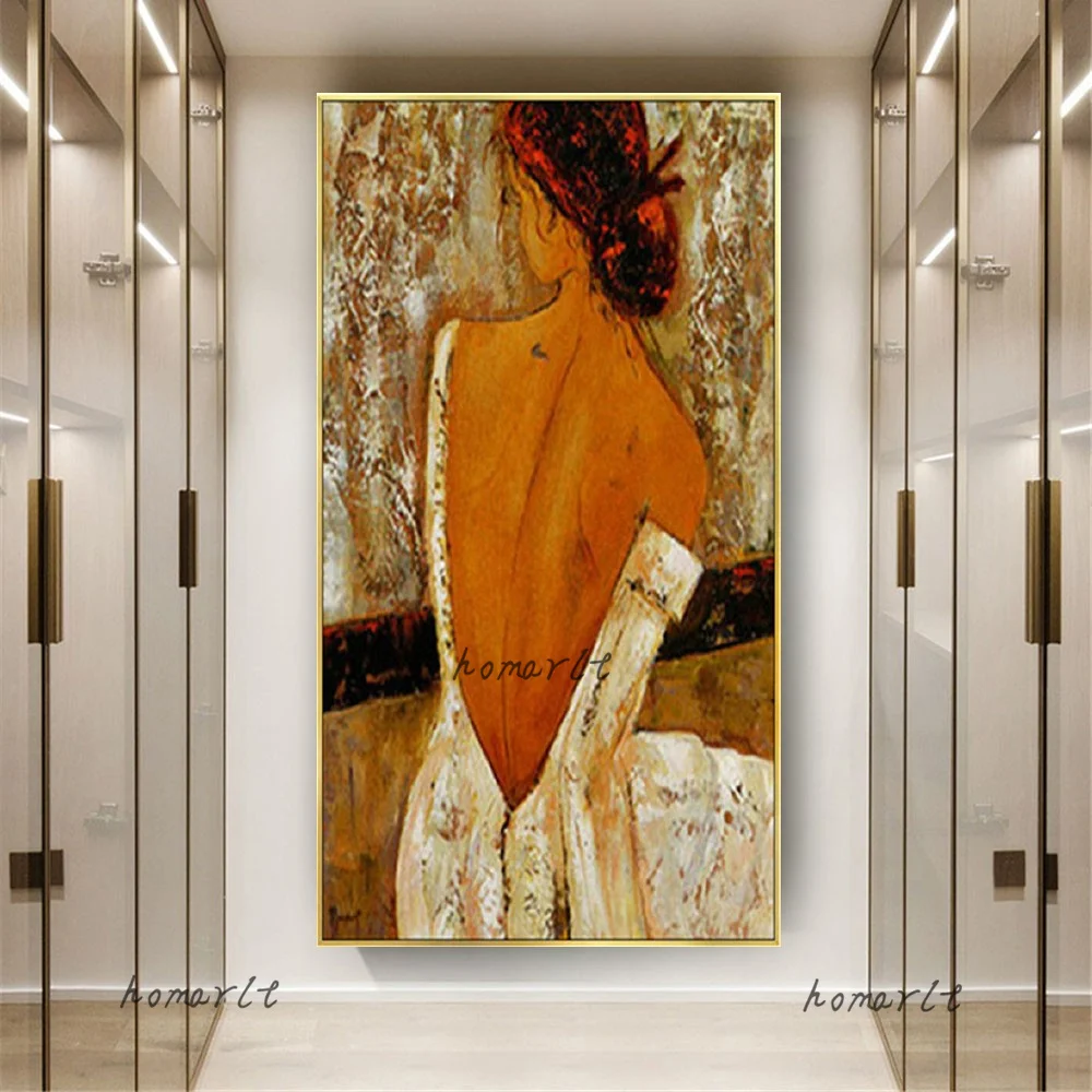 Brown Retro Beautiful Girl Oil Painting Wall Mural Sex Women Back Naked Dressing for Bedroom Bar Decor view 6