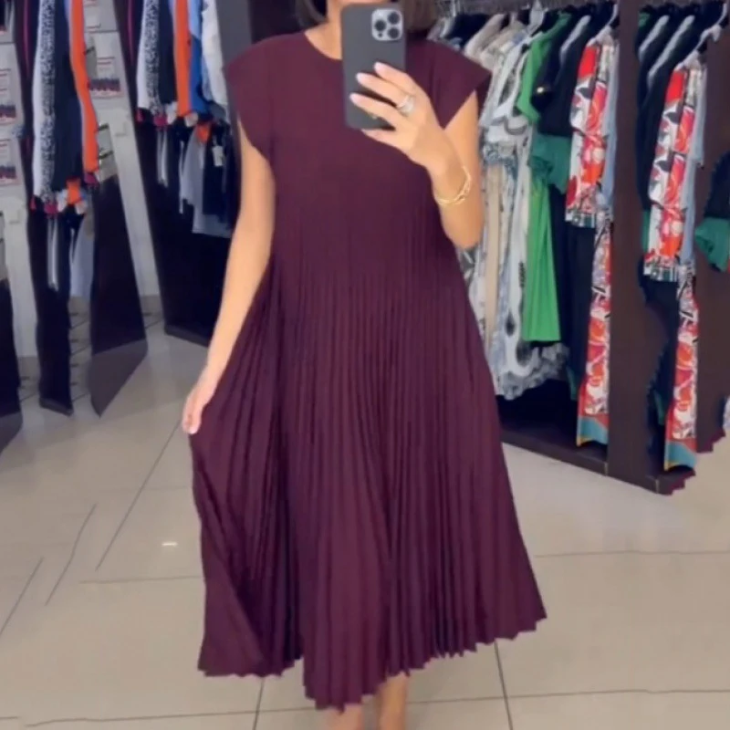 فستان نسائي بجيوب جانبية مزدوجة فستان نسائي صيفي بطيات متينة موضة مريحة كاجوال بأكمام طائرة للشارع