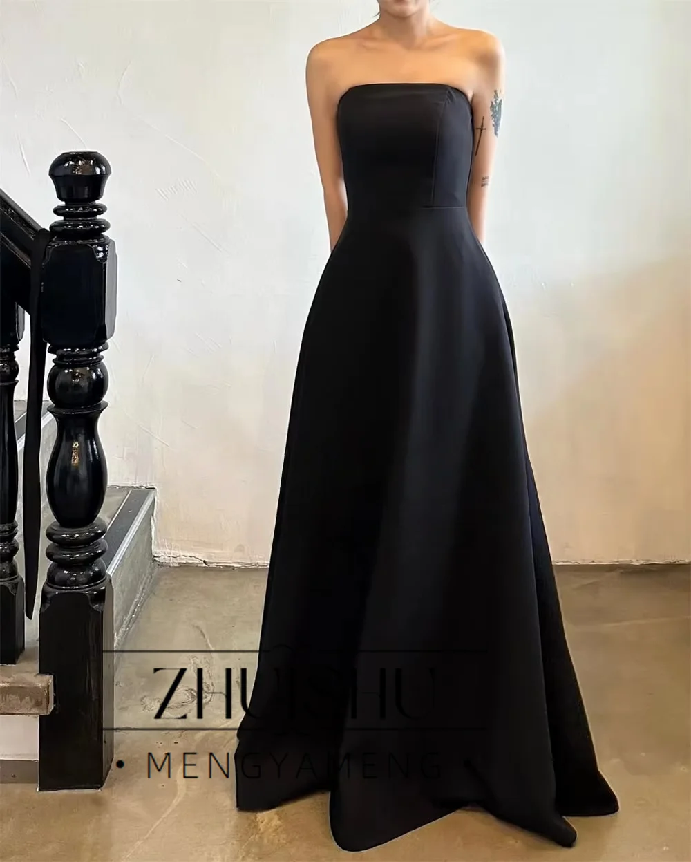 Simple Black Korea Wedding Dresses 2027 Strapless Elastic Satin A Line Bridal Gown Customized Photo Shoot Receptions Gown