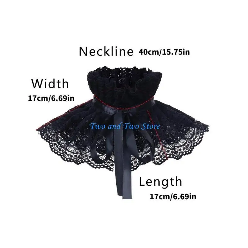 Hx6f ruffle renda berdiri kerah palsu dengan pita untuk wanita victorian leher terlepas ruff dekoratif selendang hitam cape
