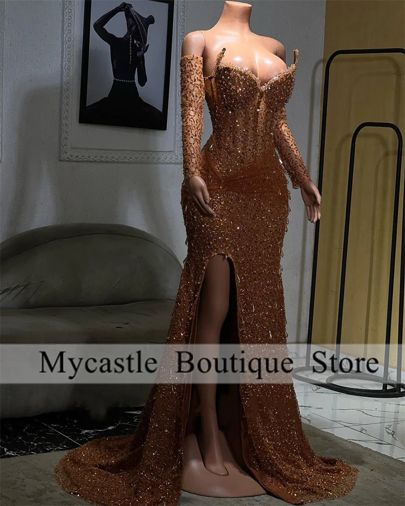 

Aso Ebi Elegant Gold Lace Beaded Mermaid Evening Dresses 2025 With Gloves Prom Dress Customized Wedding Party Dress