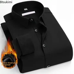 New Autumn Winter Mens Business Shirt Velvet Thickening Warm Casual Long Sleeved White Blue Black Smart Male Social Dress Shirt