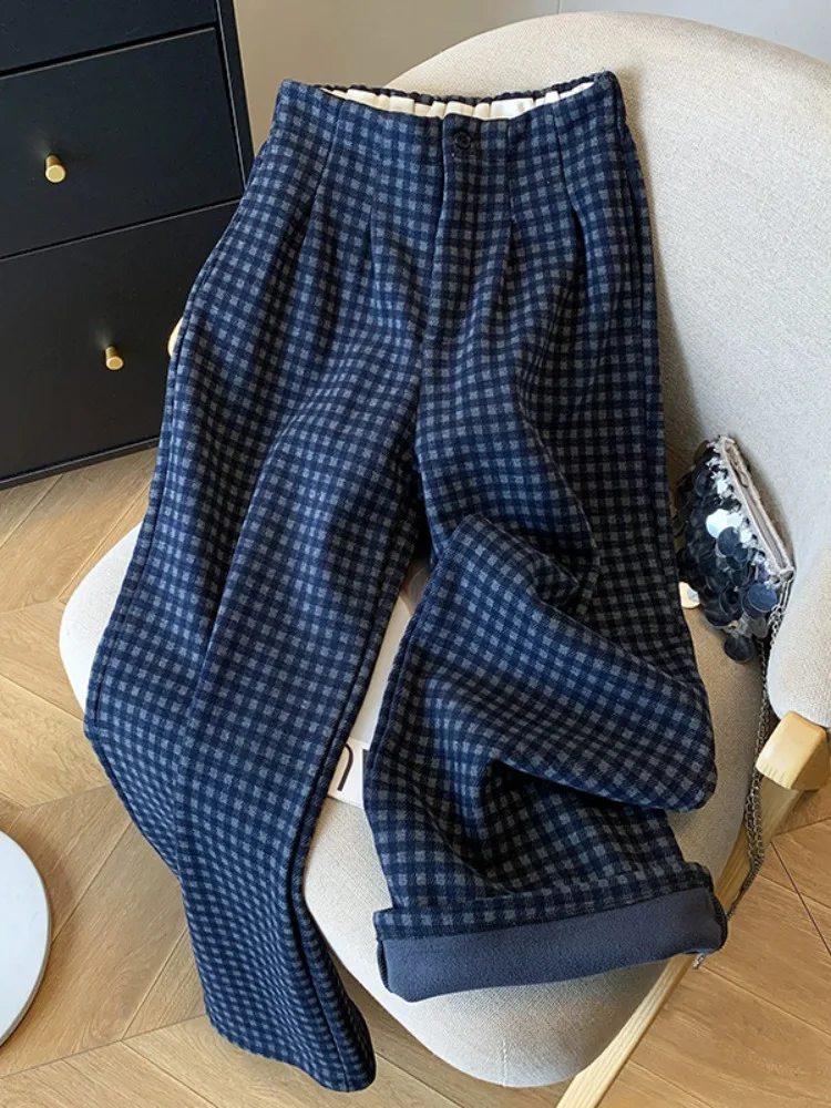 

Retro plus velvet thick checkered pants women in autumn and winter high waisted straight leg loose casual wide leg pants