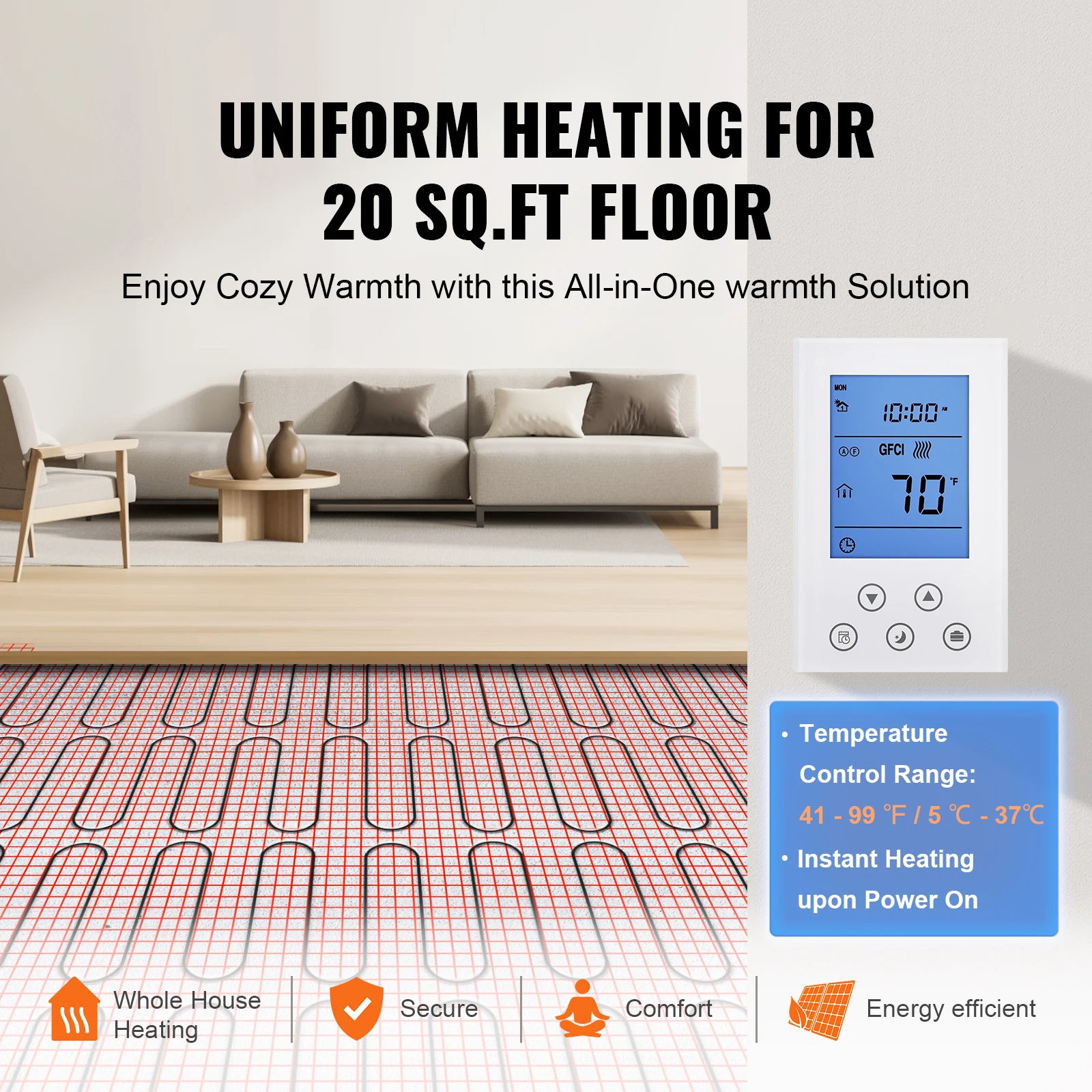 SucceBuy بساط تدفئة الأرضية 20 مربع. قدم لاصق كهربائي مشع داخل الأرض نظام دافئ ساخن خلفي لسهولة التركيب على الأرض