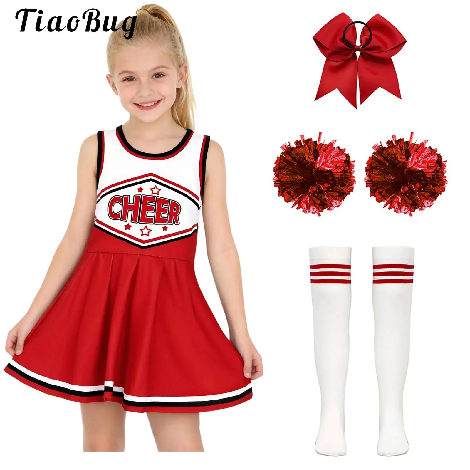 Kids Girls Cheerleader Costume Outfit Cheerleading Uniform Letter Print Sleeveless Pleated Cheer Dress with Headwear Socks Sets