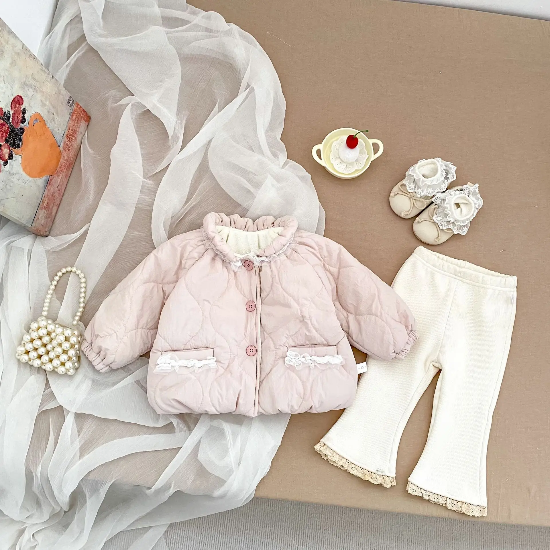 2026 New Winter Girls Lace Trim Padded Coat + Flared Pants Set | Thick Warm Fleece-Lined Outwear | Cute Going Out Outfit