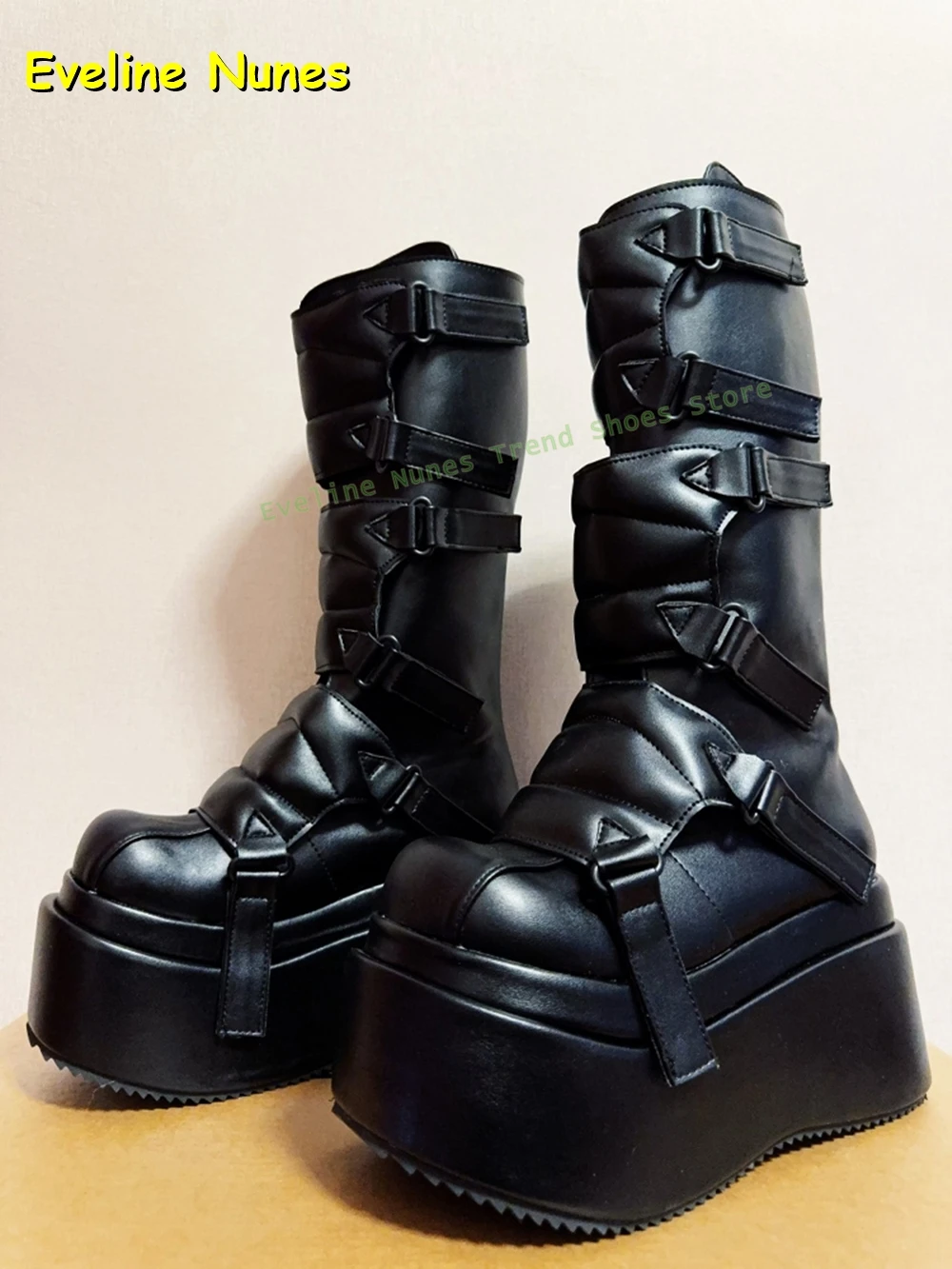 Black Buckle Cyberpunk Y2K Knee High Boots Big Round Toe Thick Sole Height Increase Subculture Style Couple Punk Shoes 2025 New view 4