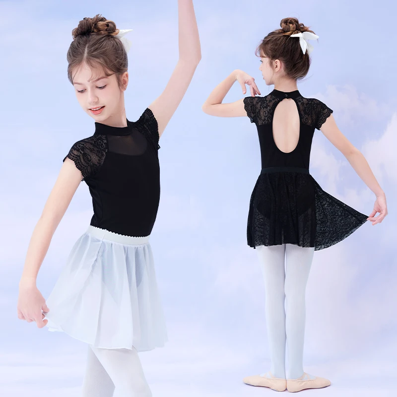 Ballet Leotards for Girls Kids Gymnastics Leotards Lace Stand Collar Dance Costume Suit Bodysuit with Skirts Summer Swimsuit