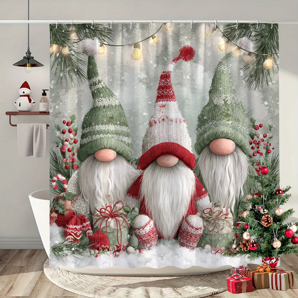 One Christmas-Themed Shower Curtain Featuring Adorable Gnomes, Santa Gnomes with Presents, And Christmas Trees. Made of Polyeste