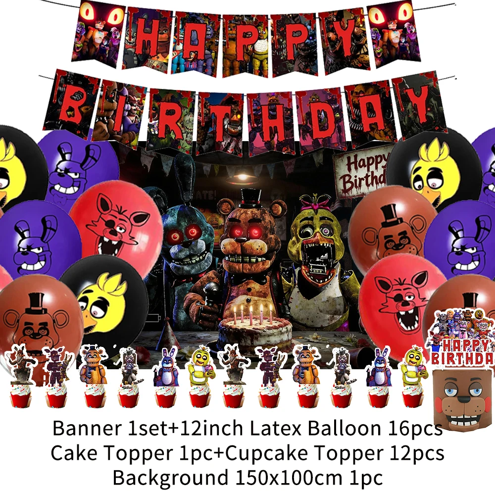Five Nights at Freddy's Themen-Geburtstagsparty Dekorations-Set Banner Zubehör Ballon-Set Tortendekoration Banner Cartoon-Hintergrund Geschenk – Detail 1