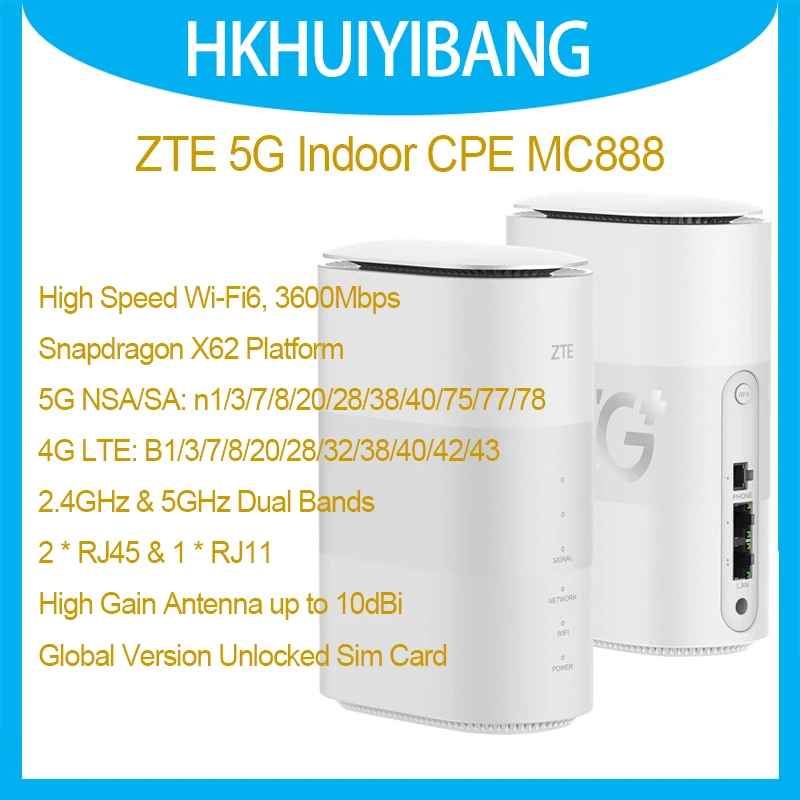 

Unlocked ZTE 5G Indoor CPE MC888 Wi-Fi 6 AX3600 Wireless Modem SDX62 5G NSA SA 4G LTE CAT19 WiFi Router With Sim Card Slot