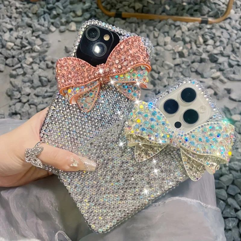 

High-End Luxury Rhinestone Bow Flash Full Diamond Phone Case with Crystal Bracelet SuitableiPhone 16 Pro Max