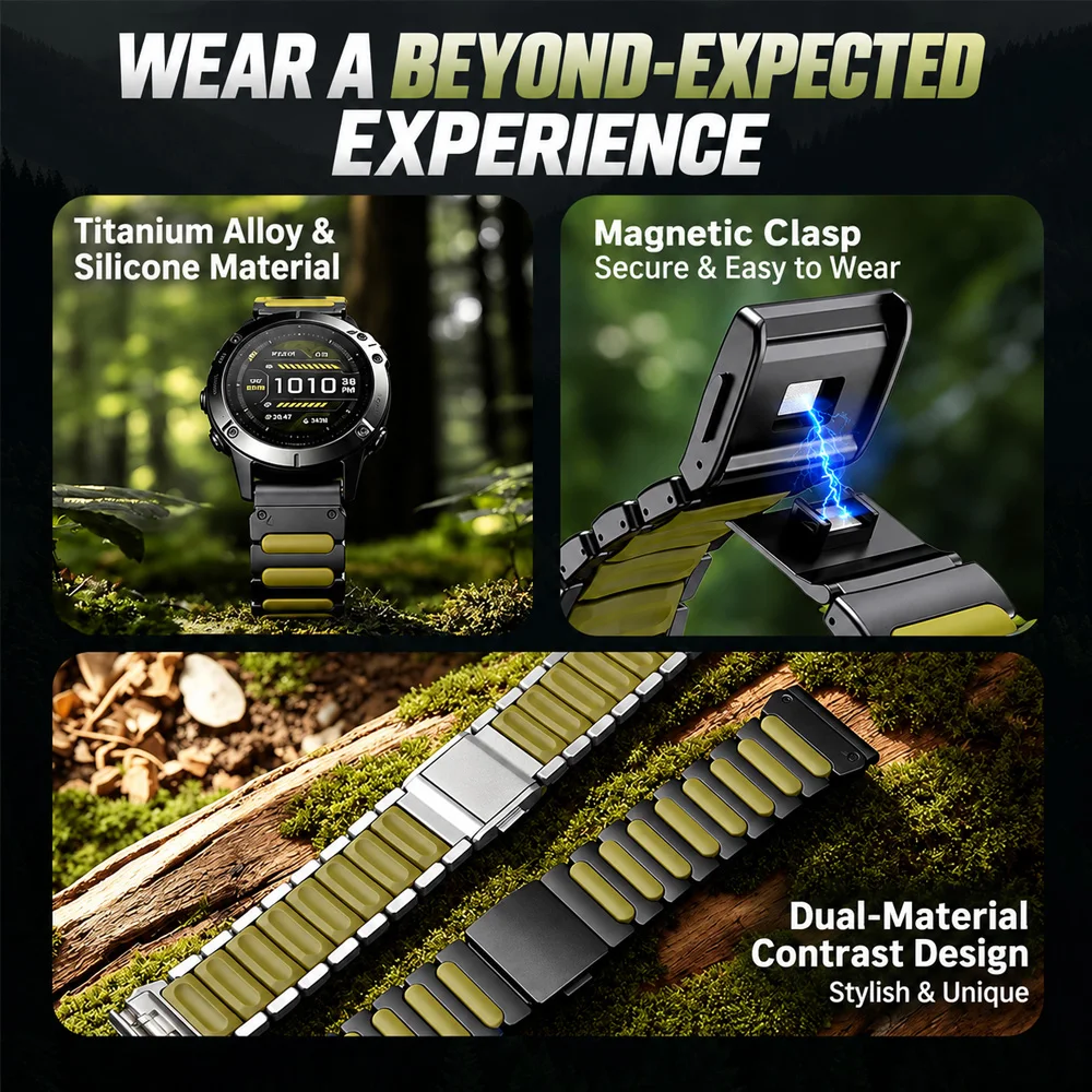 26mm 22mm Silicone & Titanium Strap for Garmin Fenix 8 51mm 47mm 7 X Pro 6 5X 5Plus Magnetic QuickFit Bracelet Band Wristband