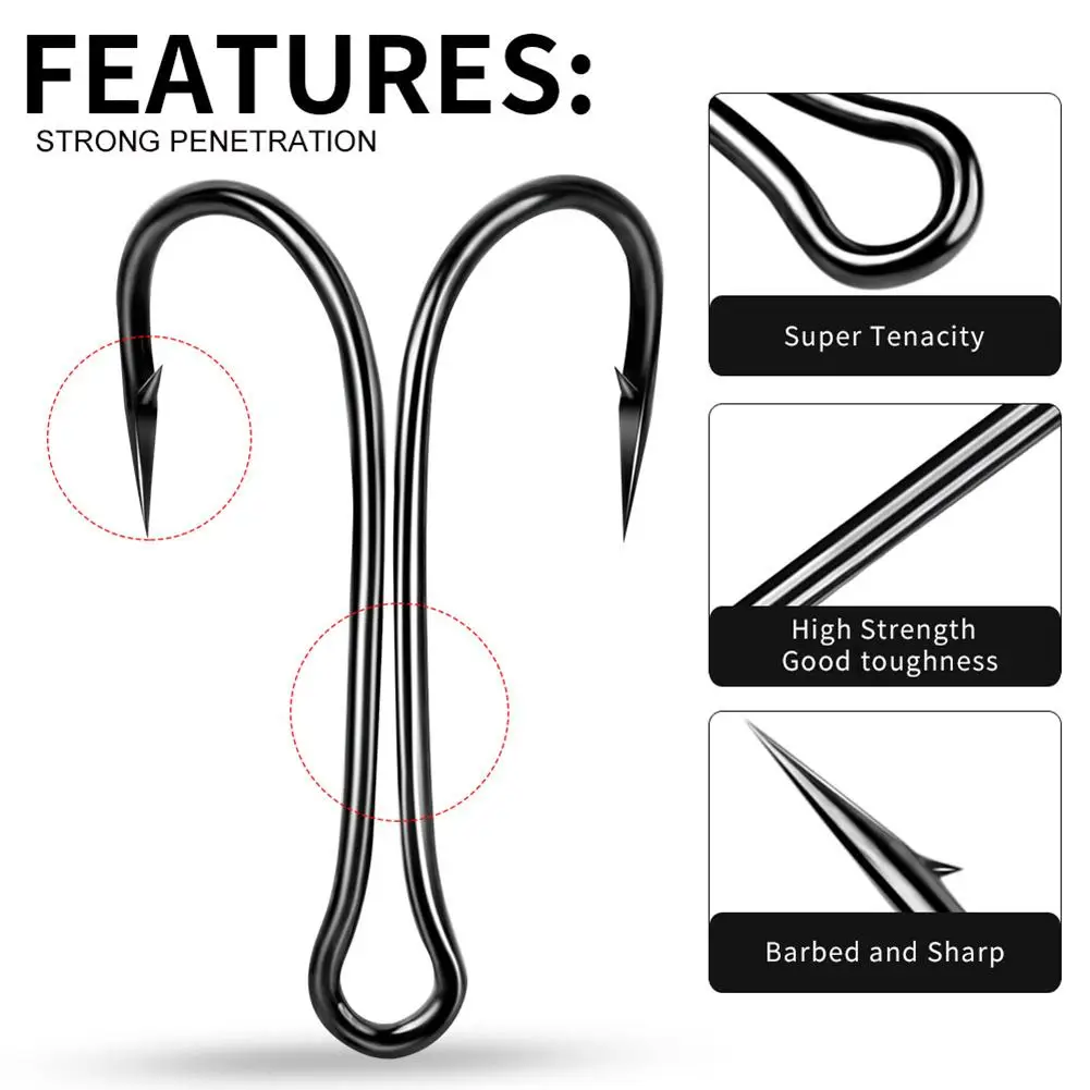 50Pcs High Carbon Steel Double  Fishing  Hook Crank Barbed Fishhooks Mechanical Principle Long Handle Non-slip Lure Fishing Gear