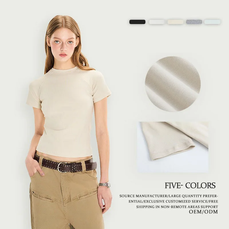 T-shirt da donna con collo semi alto da 260 g, nuovo articolo estivo 2025, camicia inferiore con strato interno tinta unita, camicia a maniche corte