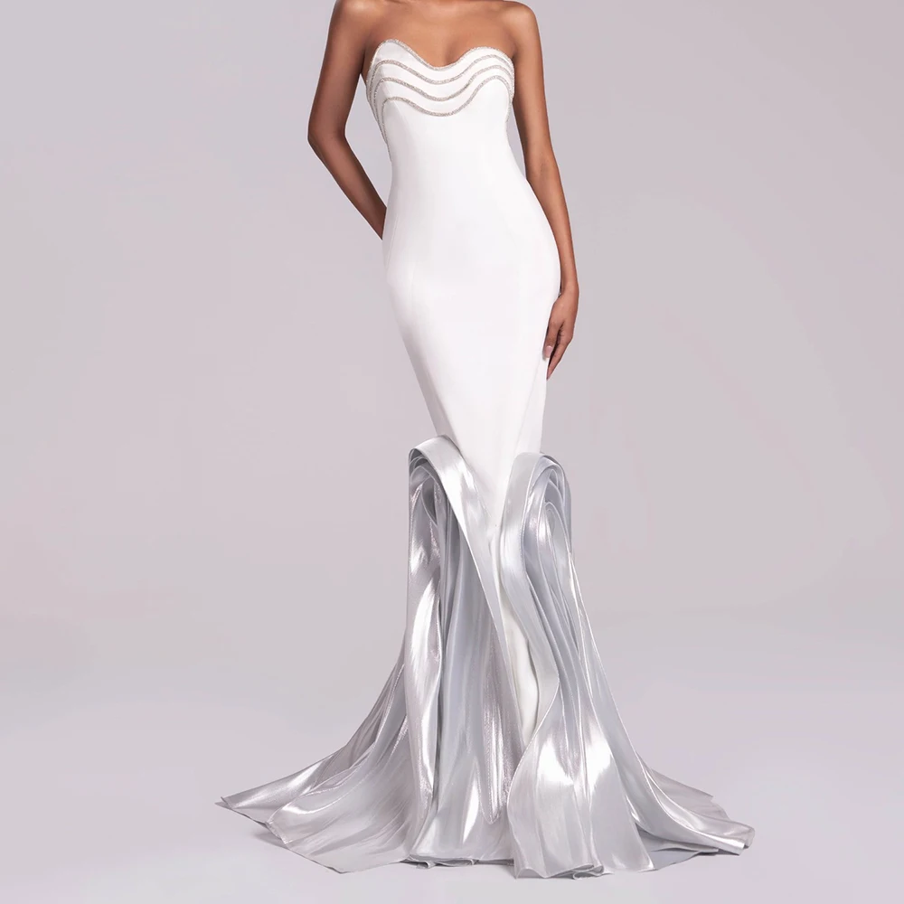 

Customized Mermaid Satin Sequined and Ruffles Evening Dress Strapless Zipper Back Sleeveless Floor Length Panel Train Sexy