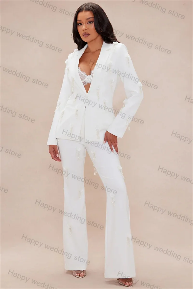 

White Pearls Formal Women Suit Pants Set 2 Piece Blazer+Trouser Office Lady Jacket Customized Spring Autumn Wedding Prom Coat