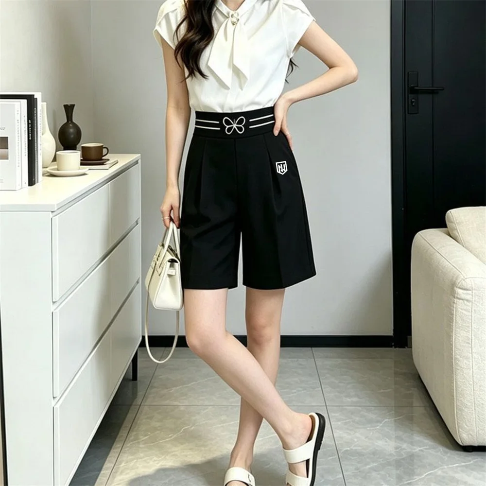Women Golf Shorts High Waist Bow Wide Leg Culottes Shorts Golf Wear Striped Office Suit Pants Summer Loose Straight Golf Pants
