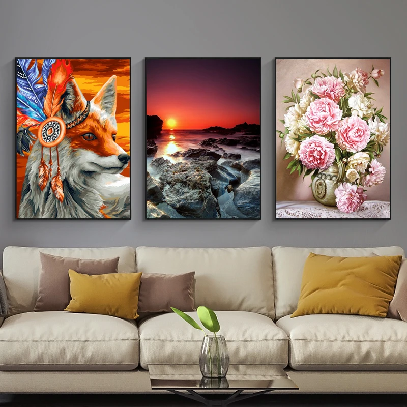 Animals 5D Diamond Painting Fox Sunset Flowes DIY Diamond Painting Mosaic Full Drill Diamond Embroidery Painting Home Decor