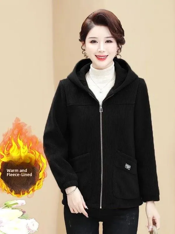 

Warm Thickened Corduroy Jacket for Middle-Aged And Elderly Women Casual Style Zipper Closure Hooded Coat Regular Sleeve Length