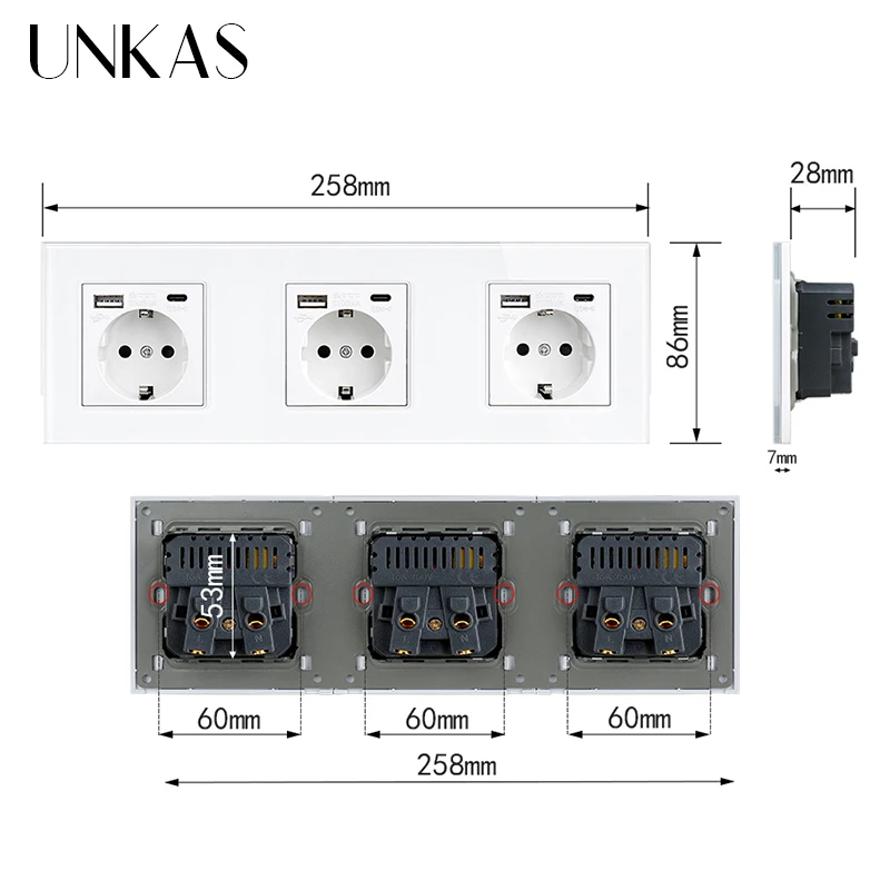 UNKAS 16A Type-C Port EU Standard Socket Black White USB Connector Plug Gray Outlet Grey Tempered Glass Panel Gold Power Russia