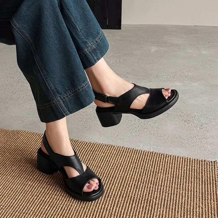 

Comfortable Leather Chunky Heel Sandals Women Open Toe Platform Slingback Summer Casual Shoes