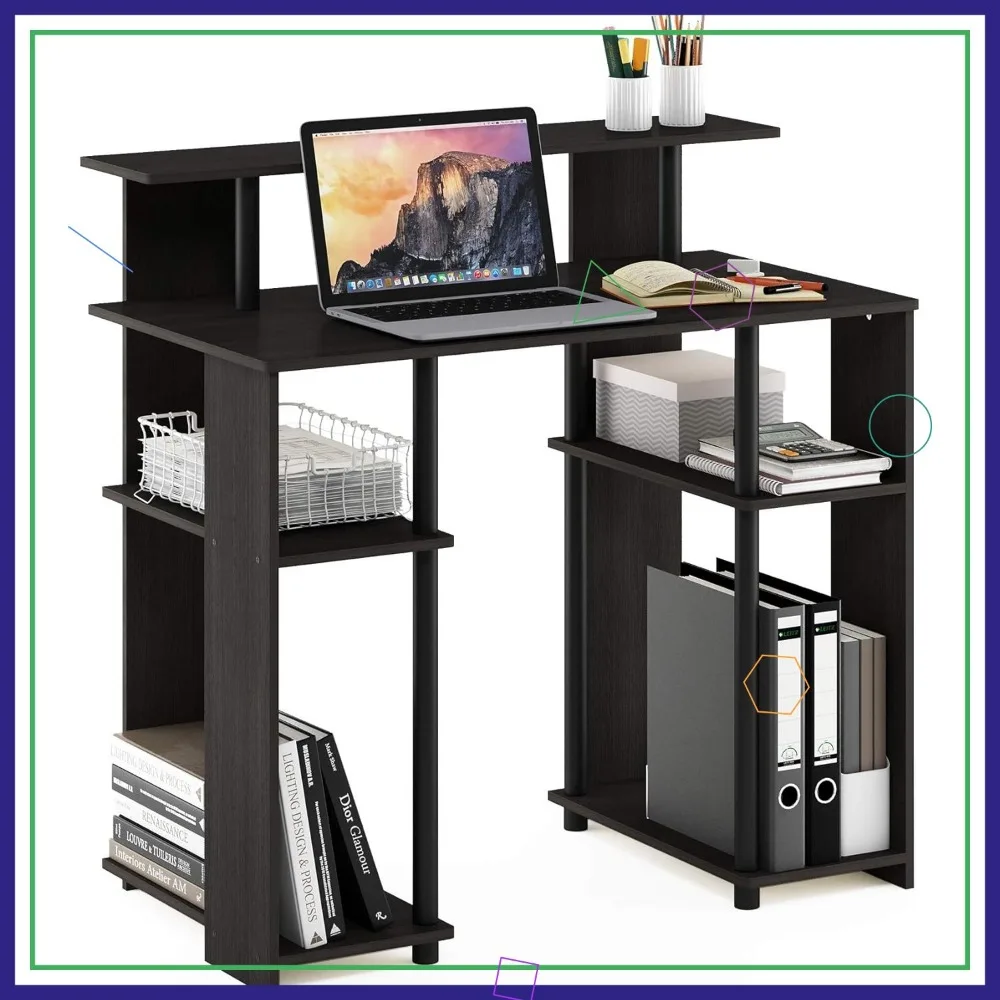 

Simple Design Computer Writing Desk with Shelves, Walnut Finish for Home Office and Gaming