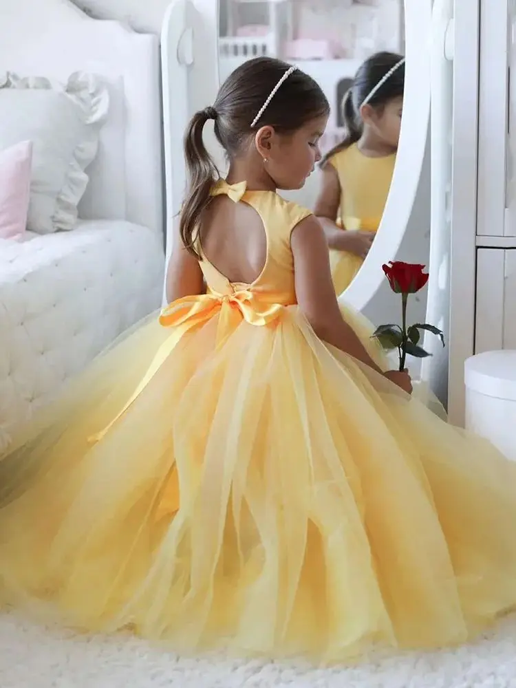 Customized Yellow Flower Girl Dresses For Wedding Tulle Backless Floor Length Lovely Princess Birthday Party Formal Events Gown