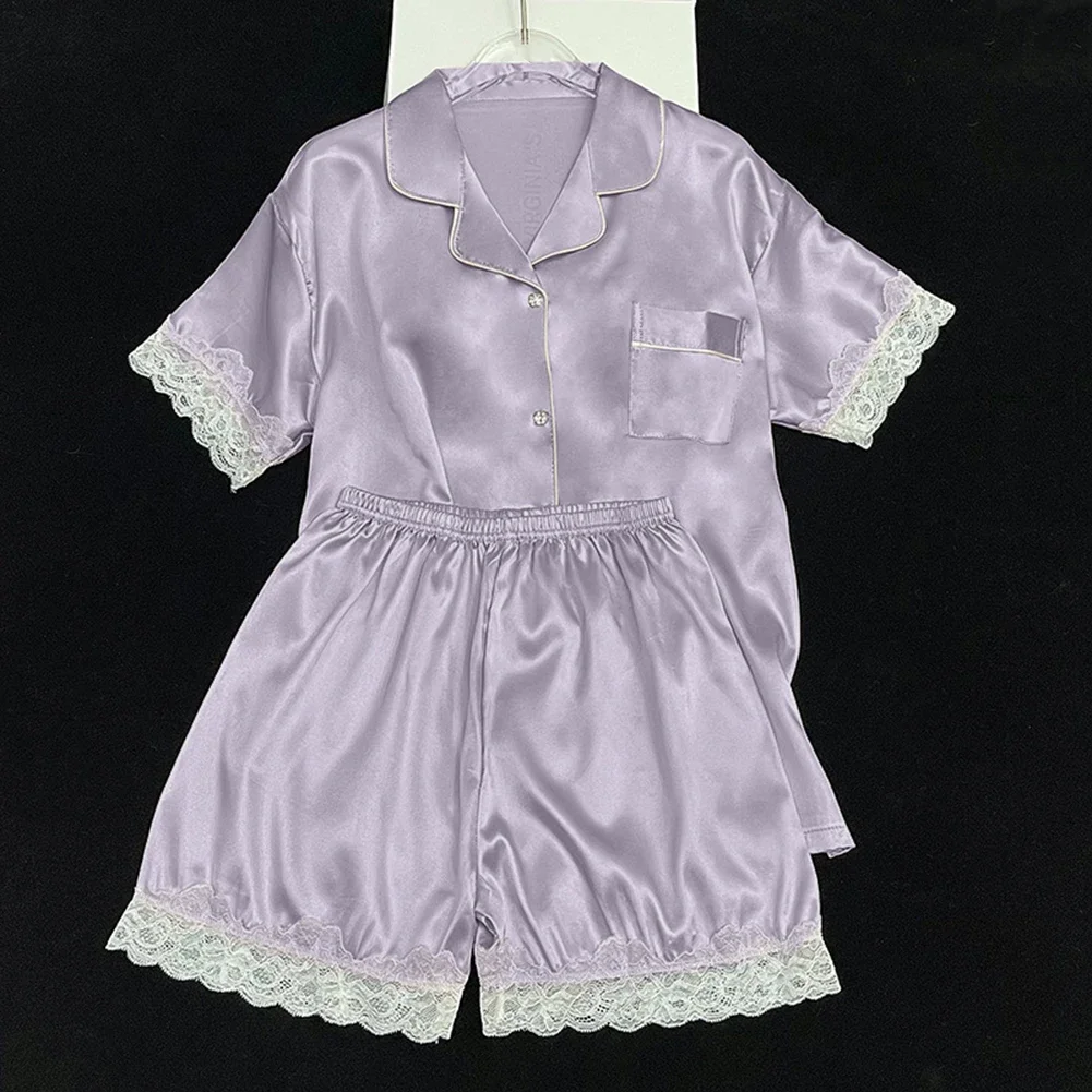 

Womens Short Sleeves Lapel Lace Patchwork Pajamas Comfortable Home Wear Set Transparent G-string Underwear Hot Girl Erotic Panti