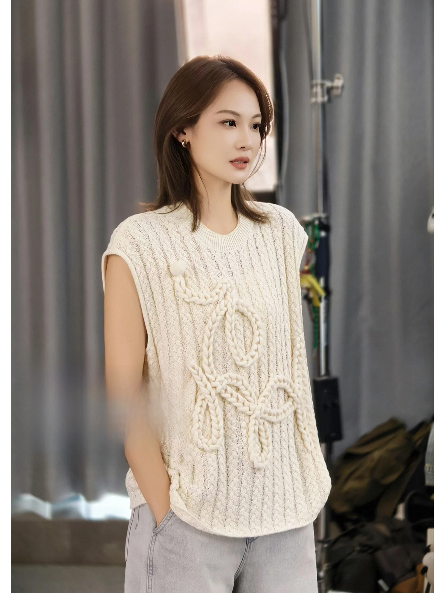 

MeiYang Twist Rope Knitted round Ne Svel Top Cotton Casual Sle Spring Autumn Winter Loose Fit Color