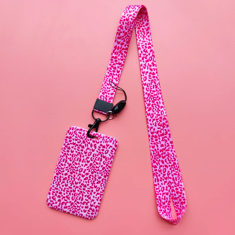 Rosa Ausweishalter mit Leopardenmuster, Schlüsselband, Schlüsselanhänger, Damen-Kreditkartenetui, Umhängeband, Ausweishalter, Ausweishalter, einziehbarer Clip – Detail 2