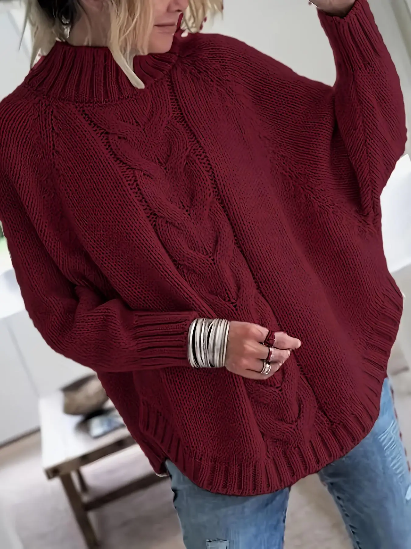Damen Übergröße Lässiger Pullover mit Fledermausärmeln (Herbst/Winter) – Detail 10