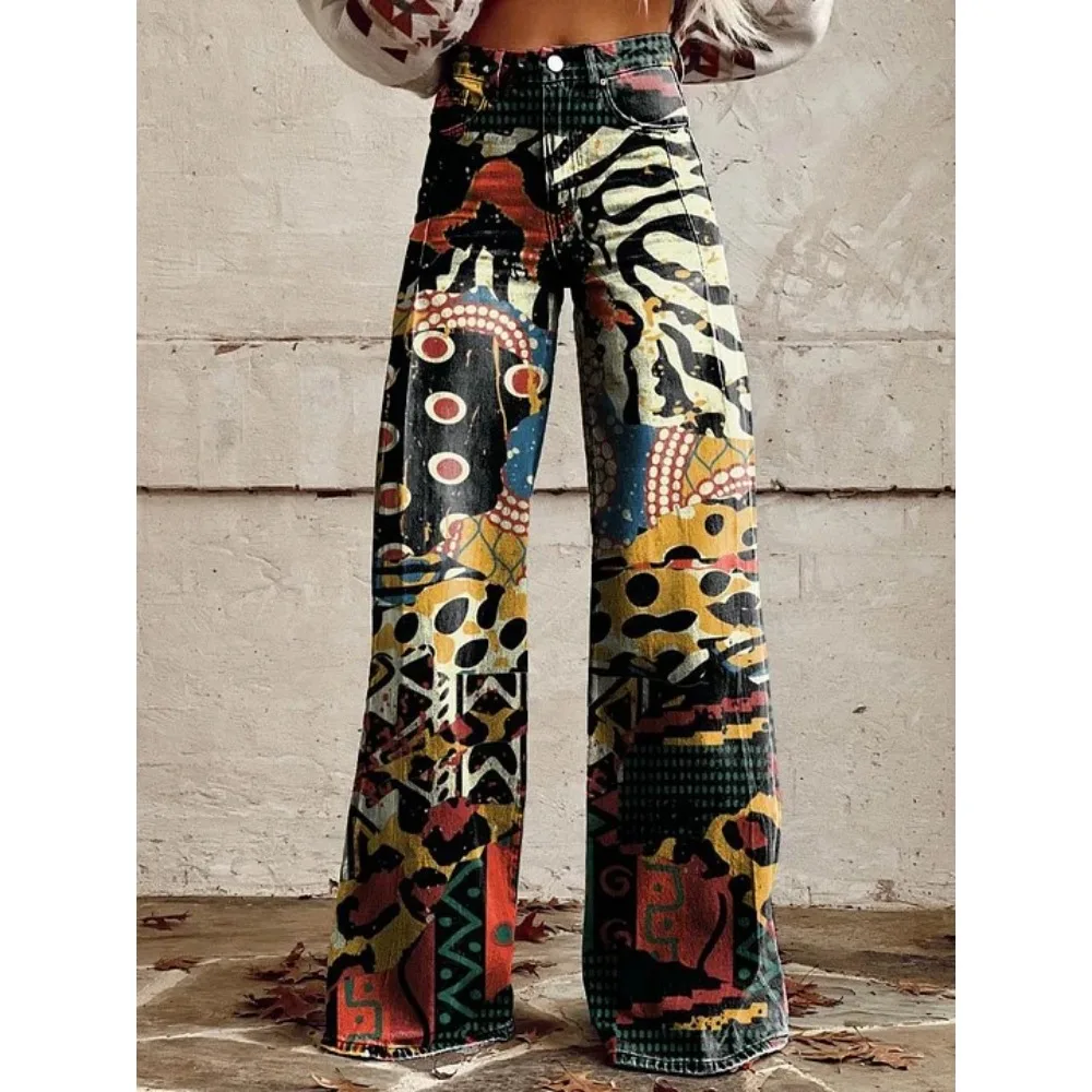 Damenhose mit Folk-Art-Print, hoher Taille und weitem Bein, Boho-Freizeithose, farbenfrohe, bequeme, locker sitzende Hose für den Alltag – Detail 12