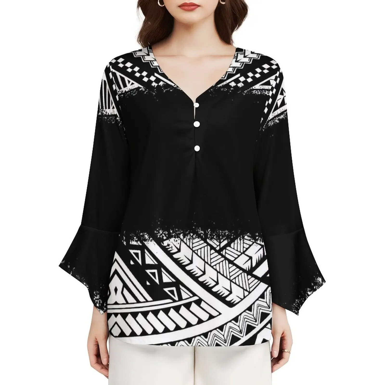 Temperament Loose V-Neck Petal Sleeve Design Polynesian Ethnic Style Samoa Fiji Islands Custom Women Autumn Long Sleeve Top