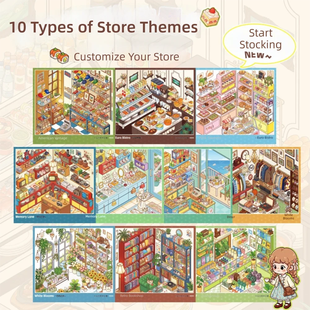 ショップテーマ-ミニチュアシーンステッカー-10シーン-自己粘着性-ストレス解消ステッカー-デザートショップ-書店-petステッカーブック