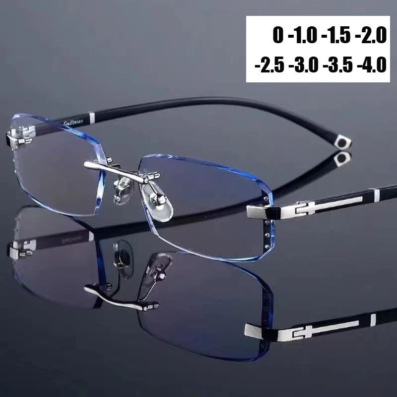 

Diamond Cutting Myopia Glasses Anti Blue Light Rimless Computer Near Sight Eyeglasses Men's Finished Prescription Minus Eyewear