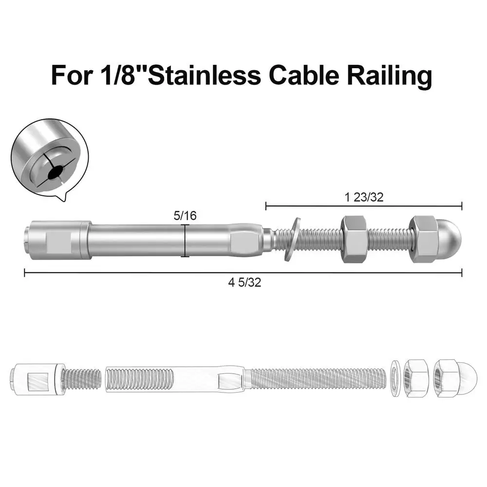 Stainless Steel Swageless Tension End Fitting Terminal Kit 1/8" Cable Railing