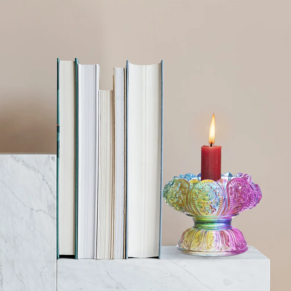 

Exquisite Seven Color Symbols Buddhist Candlestick Handcrafted Azure Stone Lamp Holder for Desktop Ornament