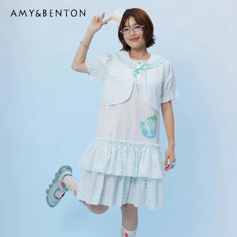 

2025 Summer New White Polka Dot Navy Collar Tie Fake Two-Piece Women's Dress Original Sweet Cute Cake Mid-Length Dresses ladies