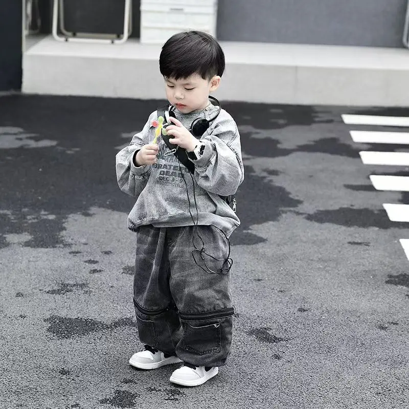 طقم رعاة البقر برقبة مستديرة قابل للغسل للأولاد ، سويت شيرت وبنطلون جينز ، ملابس الشارع الكورية من الدنيم ، شخصية قديمة ، 2 ، الربيع والخريف