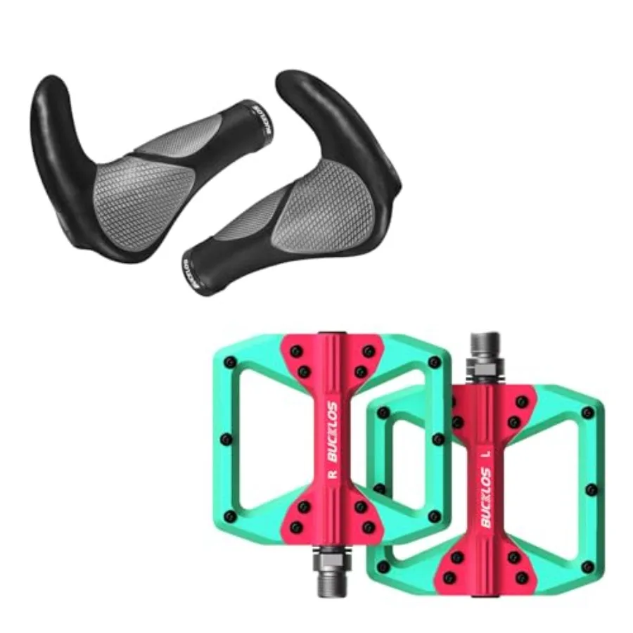 

MTB Flat Pedals Mountain Bike Pedals Banchi Green+Red with Single Lock-on Bike Handlebar Grips Ergonomic Mountain Bicycle Handl