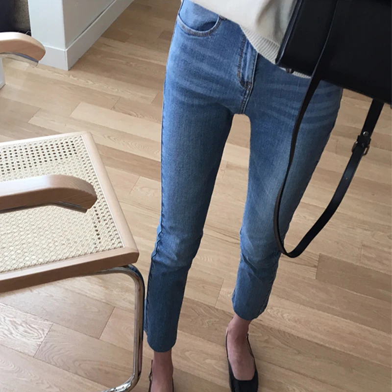 Casual Korean Sle Women's Jeans Elastic Slim Fit Summer Vintage High Waist Straight Leg Cotton Stretch Denim Pants
