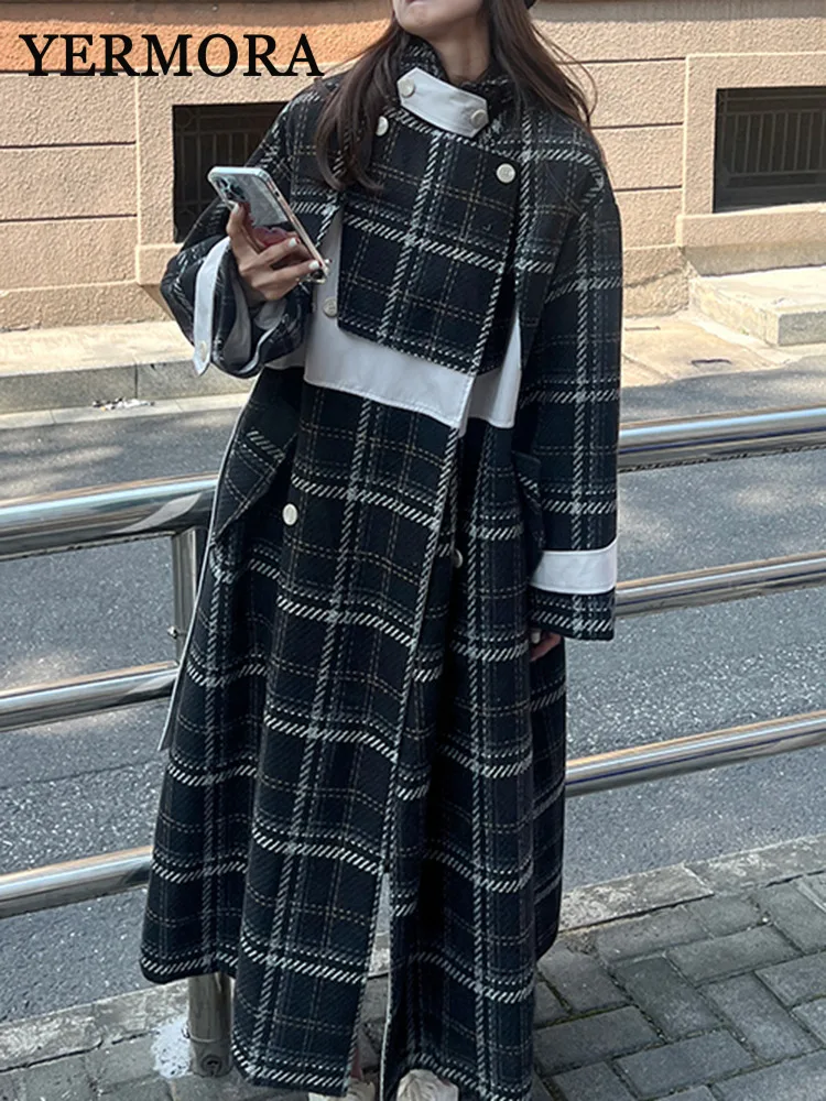 YERMORA Plaid Color-Block Belted Woolen Coat Loose Fit New Lapel Long Sleeve Women Jacket Fashion Tide Autumn Winter 2024