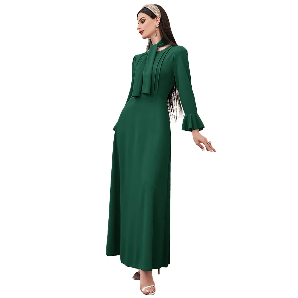 Abaya musulmano per le donne Turchia Medio Oriente Femme Robe Solid Africano Dubai Abaya Manica lunga Vita alta Peplo Abiti a trapezio
